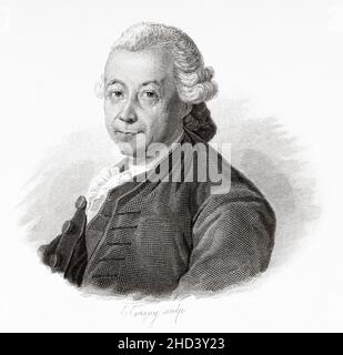 Pierre Poivre (1719-1786) fu un orticolturista e botanico del 18th secolo, missionario nell'Asia orientale, intendente delle isole coloniali francesi nell'Oceano Indiano, e portatore del cordone di San Michele. Francia. Europa. Vecchio 19th secolo raffigurazione incisa da Portraits et histoire des hommes utilo di Societe Montyon et Franklin 1837 Foto Stock