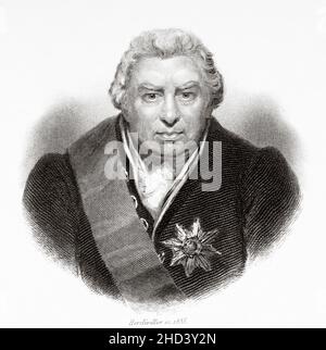 Sir Joseph Banks (1743-1820) 1st Baronet è stato un naturalista, botanico e patrono delle scienze naturali inglesi. Spedizione di storia naturale a Terranova e Labrador. Prese parte al primo grande viaggio del Capitano James Cook. REGNO UNITO. Europa. Vecchio 19th secolo raffigurazione incisa da Portraits et histoire des hommes utilo di Societe Montyon et Franklin 1837 Foto Stock