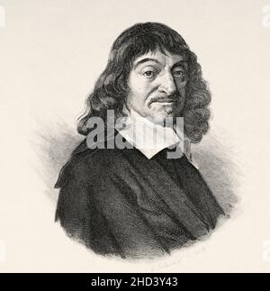 René Descartes (1596-1650 ) fu un filosofo, matematico e scienziato francese che inventò la geometria analitica, collegando i campi di geometria e algebra precedentemente separati. Francia. Europa. Vecchio 19th secolo raffigurazione incisa da Portraits et histoire des hommes utilo di Societe Montyon et Franklin 1837 Foto Stock