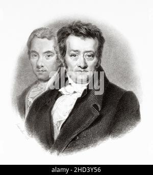 Thomas Clarkson (1760-1846) abolizionista inglese, leader nella campagna contro il commercio di schiavi nell'impero britannico. Aiutò a fondare la Società per aver portato all’abolizione del commercio degli schiavi, e contribuì a raggiungere l’approvazione dello Slave Trade Act del 1807, che pose fine al commercio britannico di schiavi. William Wilberforce (1759-1833) politico britannico, filantropo e leader del movimento per abolire il commercio degli schiavi. REGNO UNITO. Europa. Vecchio 19th secolo raffigurazione incisa da Portraits et histoire des hommes utilo di Societe Montyon et Franklin 1837 Foto Stock