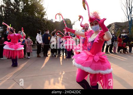 Zhengzhou, provincia cinese di Henan. 2nd Jan 2022. I turisti osservano gli artisti che ballano in un parco a tema animale a Zhengzhou, provincia centrale di Henan, 2 gennaio 2022. Credit: Yuyuyuyuyuyuyuyuyuyuyuyuyuyuyuy Foto Stock