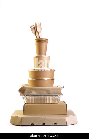 Vasellame di carta eco Craft. Tazze di carta, piatti, sacchetto, contenitori per alimenti veloci, scatola per la consegna degli alimenti Foto Stock