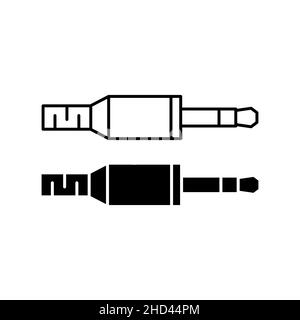 Jack audio da 3,5 mm. Serie di icone nere delle spine mini jack. Illustrazione vettoriale. Segnale della spina audio isolato. Illustrazione Vettoriale