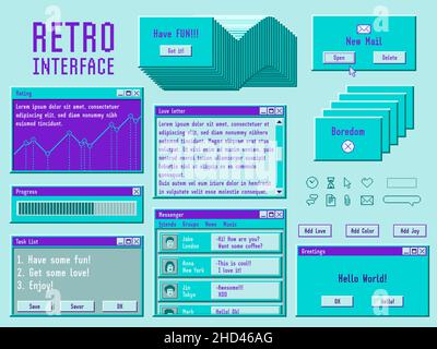 Elementi di interfaccia retrò. Finestra Vintage pc, desktop utente del computer. Modello software digitale 90s, vecchio e trendy cyber internet design. Tecnologia Web Illustrazione Vettoriale