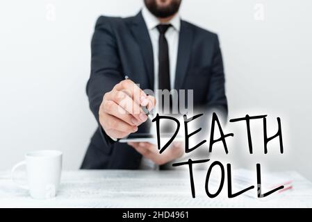 Testo che mostra ispirazione morte Toll. Parola per il numero di morti derivanti da un particolare incidente che presenta lo smartphone Communication Technology Foto Stock