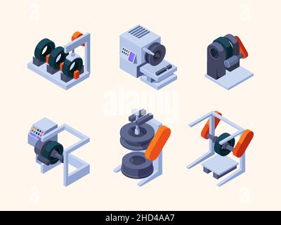 Produzione di pneumatici. Macchine automobilistiche fasi di produzione tecnologie industriali servizi per la produzione di pneumatici per immagini isometriche vettoriali Illustrazione Vettoriale
