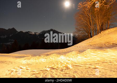 Saint Margrethenberg, Svizzera, 19 dicembre 2021 Luna piena su un campo innevato di notte con modus bullp Foto Stock