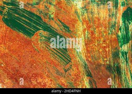 Vecchia lamiera di metallo corrosa con vernice verde usurata, fondo grungo o trama Foto Stock