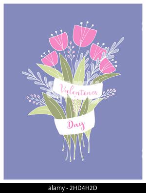 Bouquet Valentines Day Very Peri stile colore spagietta, fiori e disegno a mano nastro. Cartolina, sfondo, sfondo, Complimenti. . Illustrazione vettoriale Illustrazione Vettoriale