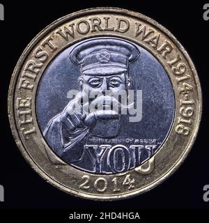 British bimetallic £2 moneta (2014) LE LAMPADE STANNO USCENDO IN TUTTA EUROPA - 100th anniversario della prima guerra mondiale - scoppio. Progettato da John Berg Foto Stock