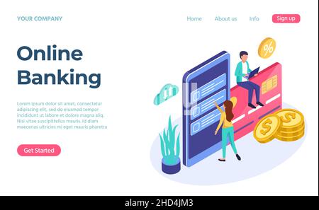 Servizio bancario online 3D landing page isometrica. Servizio di pagamento online, transazioni digitali finanziarie, illustrazione vettoriale Illustrazione Vettoriale