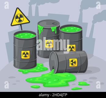 Barili liquido di pericolo. Contaminazione radioattiva dei residui industriali, materiali chimici pericolosi, inquinamento ambientale tossico, vettore di sostanze pericolose in barile. Illustrazione dell'inquinamento radioattivo Illustrazione Vettoriale