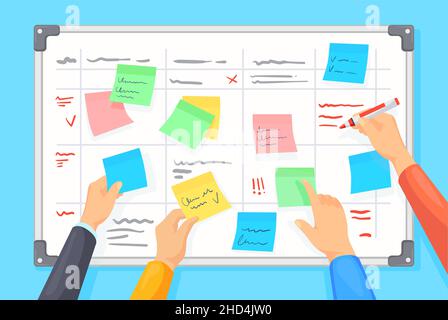 Lavagna delle attività. Monitoraggio dei progressi da parte degli sviluppatori, elenco delle attività prioritarie bacheca vuota, pianificazione della pianificazione dell'organizzazione, piano di scrum, brainstorm del team, illustrazione vettoriale. Attività whiteboard, pianificazione dei processi Illustrazione Vettoriale