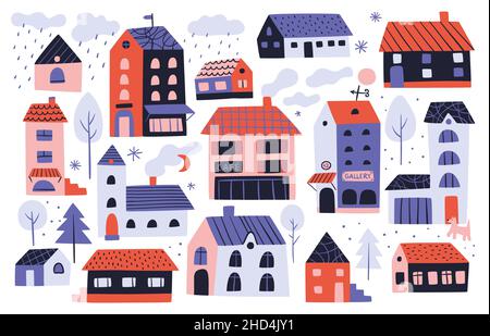 Piccole case. Case carine. Cabine diverse. Edifici del villaggio. Facciata colorata dal design alla moda. Immobiliare Doodle. Minuscoli case per bambini e. Illustrazione Vettoriale