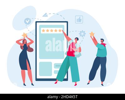 Attività sui social media, feedback online e revisione. Vettore online social in internet, app mobile cartoon illustrazione Illustrazione Vettoriale