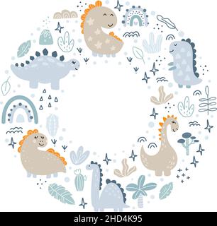 Cornice vettoriale circolare con dinosauri e scritta a mano dino con posto per il testo su sfondo bianco. Biglietto d'auguri, poster design scandinavo Illustrazione Vettoriale