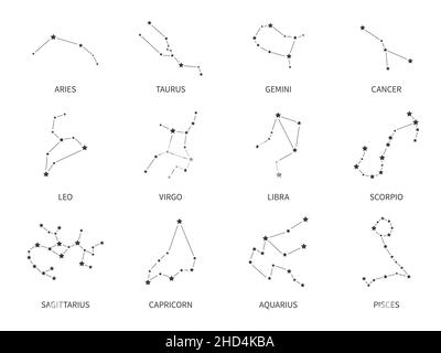 Costellazioni dei segni zodiacali. Strutture di stelle dell'oroscopo astrologico. Simbolo di aumento del cielo. Toro e Acquario. Icone astrologiche della linea di Pesci o Virgo Illustrazione Vettoriale