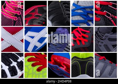 Collage di elementi di sneakers. Un sacco di scarpe da atletica. Texture diversa della tomaia rispetto alla sneaker. Foto Stock