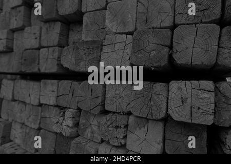 Pali di legno quadrati impilati in cantiere. Bianco e nero. Foto Stock