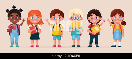 Set di ragazzi con forniture scolastiche. Allievi con libri, matita e zaini. Personaggi dei bambini dei preschoolers. Illustrazione isolata dal vettore Illustrazione Vettoriale