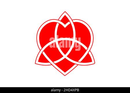 Nodo dell'amore celtico, forma del cuore intrecciata e Triquetra, nodo eterno simbolo dell'amore. Logo rosso icona concetto di San Valentino, vettore tatuaggio isolato Illustrazione Vettoriale