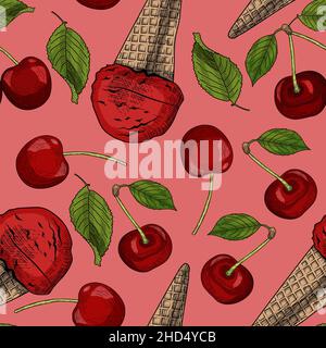 Gelato alla ciliegia in stile inciso. Disegno senza giunture, disegno vettoriale a mano Illustrazione Vettoriale