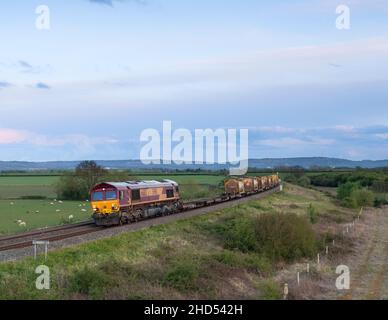 DB Cargo EWS livrea classe 66 Locomotiva diesel che trasporta un treno merci di contenitori cisterna ISO attraverso la campagna Foto Stock