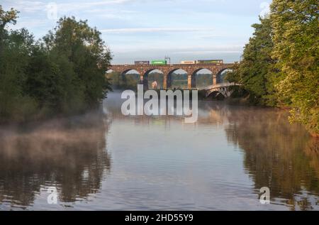 Freightliner classe 66 locomotiva diesel che attraversa il viadotto di Dutton sulla linea principale della costa occidentale a Cheshire con un treno intermodale per container freightliner Foto Stock