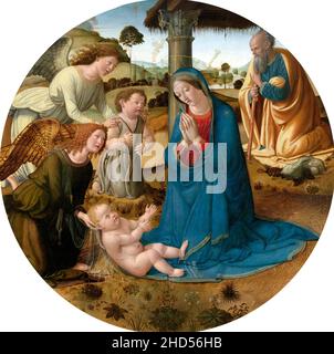 L'adorazione del Cristo Bambino dell'artista italiano Cosimo Rosselli (1439-1507), olio su tavola, c.. 1485-1507 Foto Stock