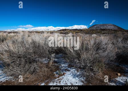 Lontane montagne innevate, coni vulcanici di scorie e fogliame desertico. Questo contrasto nella geologia è comune nell'angolo sud-occidentale dello Utah, USA. Foto Stock