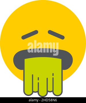 Vomito viso. Emoticon rotondo giallo con nausea Illustrazione Vettoriale