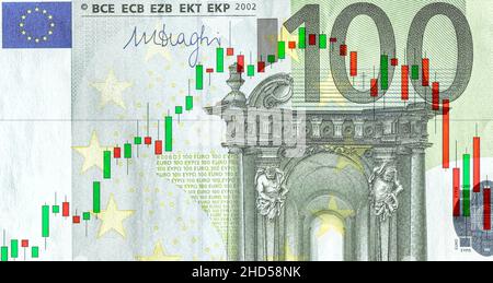 Grafico dei tassi sullo sfondo della banconota da euro. Concetto aziendale Foto Stock