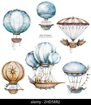 Acquerello palloncini d'aria e nuvole in colori pastello su sfondo bianco Foto Stock