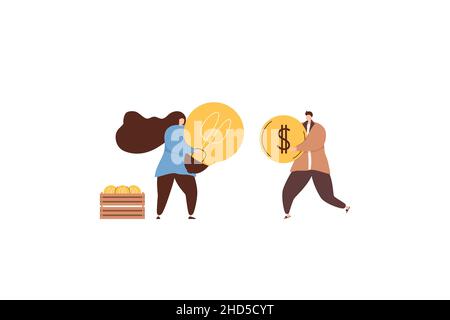 Concetto di trovare idee brillanti. Persone creative con lampadine. Team aziendali con lampadine come simbolo di soluzioni e conoscenze. Vettore piatto Illustrazione Vettoriale