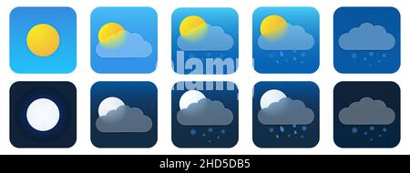 Disegno vettoriale. Insieme di icone meteo nello stile del morfismo del vetro. Illustrazione Vettoriale