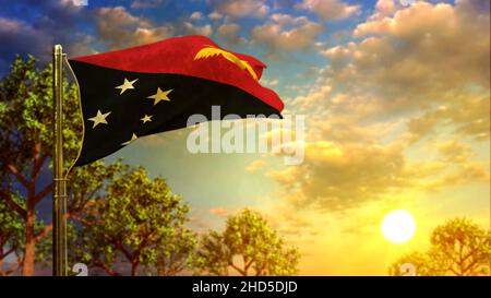 Bandiera di Papua Nuova Guinea all'alba per il giorno della bandiera - astratto 3D rendering Foto Stock