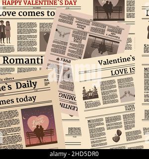 Quotidiano di San Valentino senza cuciture. Sfondo con intestazione del titolo, testo illeggibile, retro. Grafica vettoriale vintage Illustrazione Vettoriale