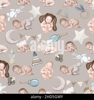 acquerello modello senza cuciture dei neonati. Baby doccia Boho. Foto Stock