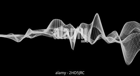 Forma d'onda a reticolo traslucida bianca astratta su sfondo nero, visualizzazione delle onde sonore o concetto acustico Foto Stock