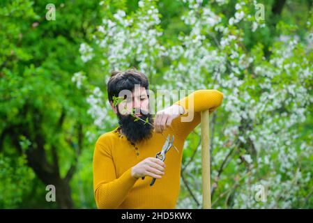 Uomo portico con forbici da giardino. Maschio agricoltore taglia rami in giardino con cesoia o secateur potatura Foto Stock