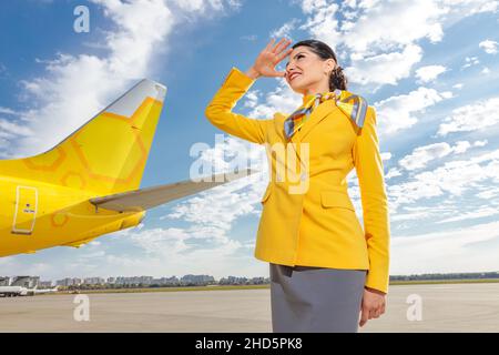 Gioiosa donna stewardess che copre gli occhi dal sole con la mano e sorridendo mentre si alza vicino aereo giallo all'aeroporto Foto Stock