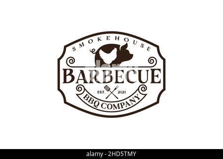 Vintage retro Rustic BBQ Grill, barbecue, etichetta Barbeque Stamp logo design Illustrazione Vettoriale