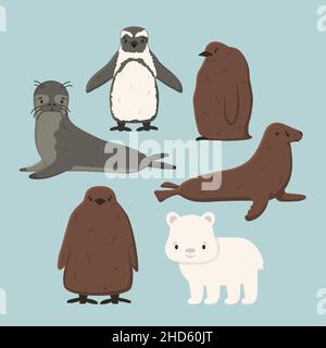 Set di vettore pinguino, re pinguino pulcino, fur sigillo, orso polare cucciolo, piccolo sigillo comune. Isolato piccolo cartone animato carino mare e gli animali dell'oceano per i capretti boo Illustrazione Vettoriale