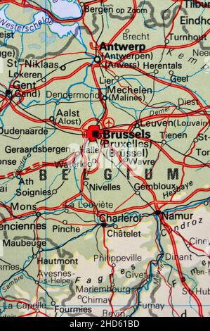 Una mappa del Belgio che mostra le principali città Foto Stock