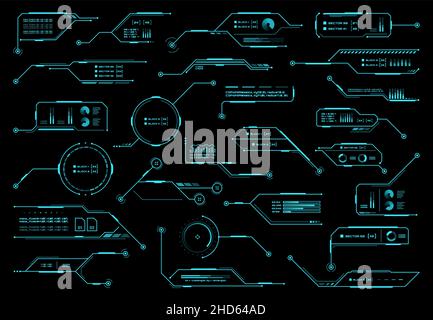 Display e schermo HUD futuristici, caselle informative, interfaccia ui. Titoli di didascalie vettoriali, barre di chiamata delle informazioni ed elementi di design in neon di stile tecnologico digitale Illustrazione Vettoriale