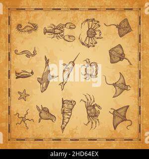 Manta ray, aragosta granchio e razze, cavallucci marini e stelle marine, valro e narcale con balena killer, disegno vettoriale. Antica mappa con pesci marini e un Illustrazione Vettoriale