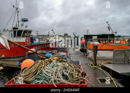 Cherbourg-en-Cotentin, Normandia, Francia. 24th Dic 2021. Un pontile del porto di pesca artigianale di Cherbourg è visto con le attrezzature e le navi al dock.The industria della pesca nel porto di Cherbourg (Manica) si prepara per il primo anno della stagione di pesca post-Brexit. Il 40% dei volumi pescati proviene dalle acque britanniche di Jersey e Guernsey per le quali i pescatori hanno ottenuto licenze. (Credit Image: © Laurent Coust/SOPA Images via ZUMA Press Wire) Foto Stock