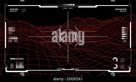 HUD interfaccia futuristica schermo monitor del target AIM control vettore design. Pannello di controllo VR head-up display o Sci Fi game ui con digitale Illustrazione Vettoriale