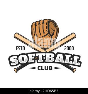 Icona del softball club con due pipistrelli in legno incrociati e softball, guanto in pelle per catcher da baseball. Campionato di softball o squadra, campionato di sport o tournamen Illustrazione Vettoriale