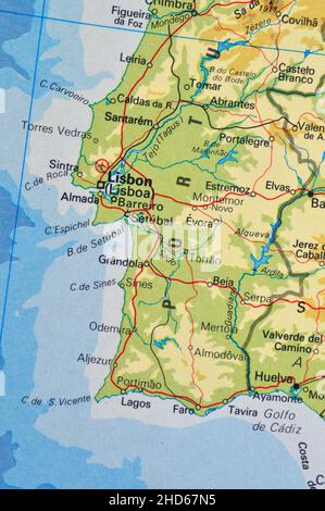 Una mappa del Portogallo che mostra le principali città Foto Stock